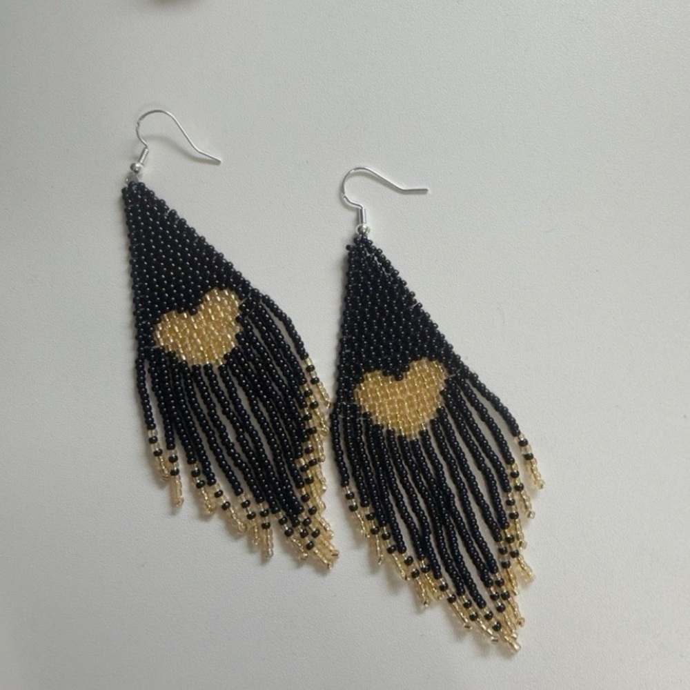 Black and Gold Heart Fringe Beaded Earrings